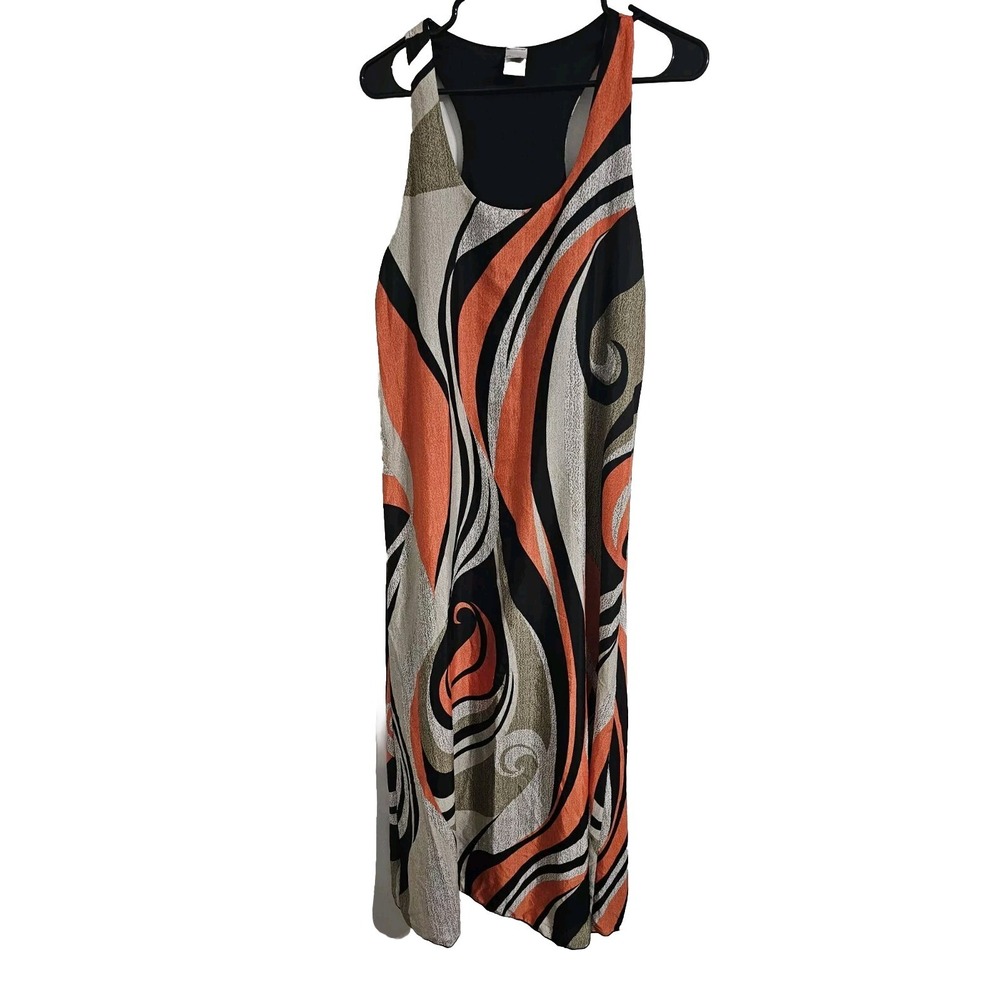 Carolina U.S.A. Maxi Dress Womens Large Orange Black Sleeveless Art To Wear
